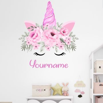 Cute Custom Name and Unicorn Horn with Flower wall Decals for Bedroom Wall Decor
