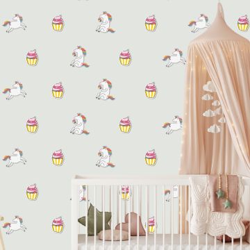 Cute Boho Unicorn & Cupcake Pattern Vinyl Wall Stickers for Kids Bedroom Wall Decor