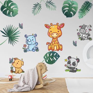 Cute Animals with Tropical Leaves Vinyl Wall Stickers for Bedroom Wall Decor