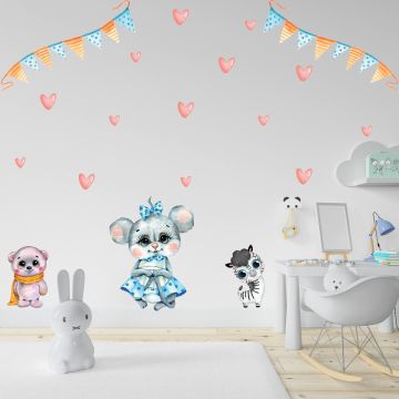Fairy Animal & Red Hearts Decals for Kids Room Wall Decor