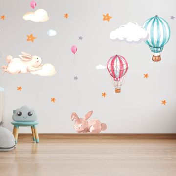 Cute & Cool Fairy Animals with Bunny, Parachute Vinyl Watercolour Wall Decal for Kids Bedroom Wall Decor