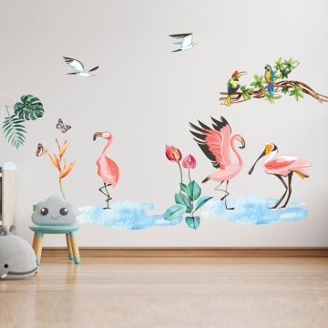 Best Tropical Leaves Flamingo & Macaw Vinyl Wall Decals for Bedroom wall Decor