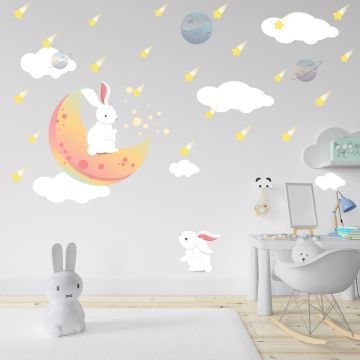Beautiful Stars & Bunny Fairy Animals Vinyl Wall Decals for Bedroom Wall Decor