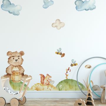 Bear With Honey And Honey Bee Animal Vinyl Wall Stickers for Nursery Wall Decor