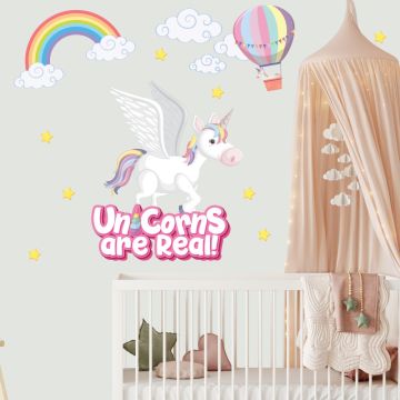 Beautiful Unicorn, Parachute, Rainbow Vinyl Wall Decals for Bedroom Wall Decor