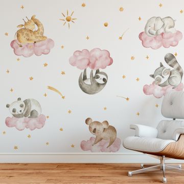 Cute Animals Sleeping On A Fluffy Cloud Wall Decals for Kids Bedroom Wall Decor