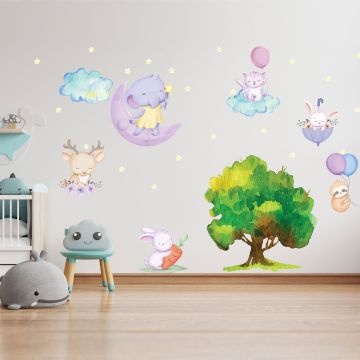 Cute Jungle Animal, Sun and Clouds Vinyl Wall Stickers for Kids Bedroom Wall Decor