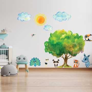 Beautiful Jungle Animal, Sun and Clouds Vinyl Wall Decals For Kids' Room Wall Decor
