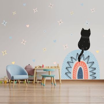 Cute & Best Beautiful Cat With Rainbow Vinyl Wall Decals for Kids' Room Wall Decor