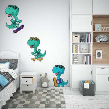 Cute Beautiful Baby Dinosaur Skating Vinyl Wall Decals for Bedroom Wall Decor