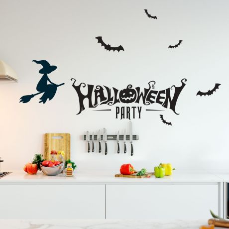 Scary Halloween Party Wall Decal with Bats and Witch