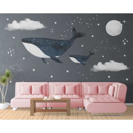 Watercolor Black Whale Pink Whale Kids Playroom Decals
