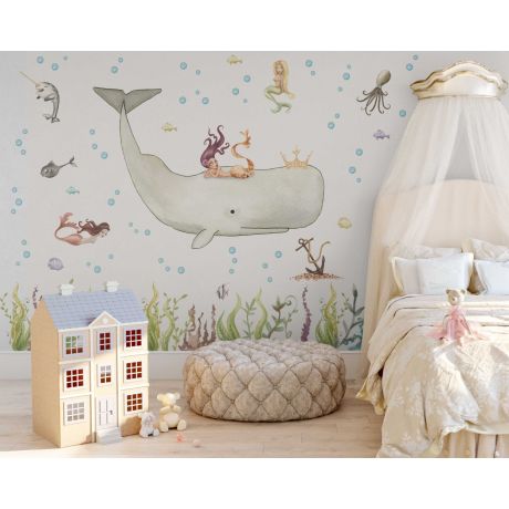 Kids Playroom Large Whale Wall Stickers Watercolor Mermaid
