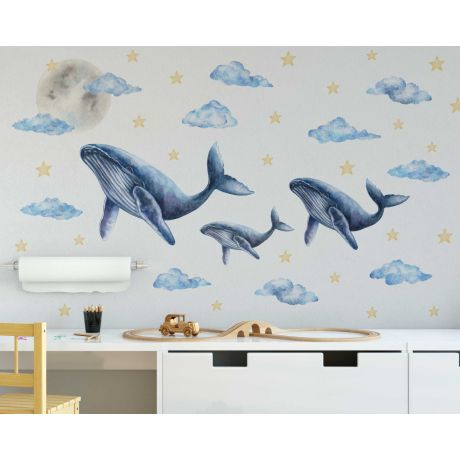 Large Blue Whale Wall Stickers Nursery Room Stars Clouds Moon Wall Decals
