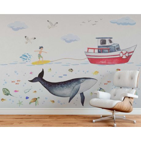 Large Whale Watercolor Kids Room Wall Sticker Sea Theme Nursery Boat Tortoise 