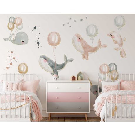 Watercolor Whales Wall Sticker Cute Whale Wall Decal Dolphin Stars