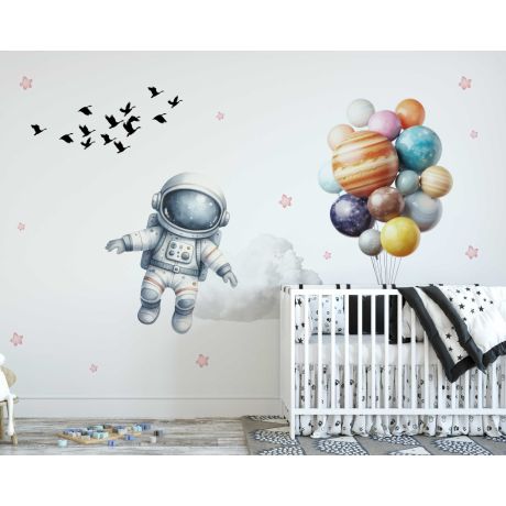 Beautiful Astronaut with Planets Balloon Wall Stickers for Kids Room Decor