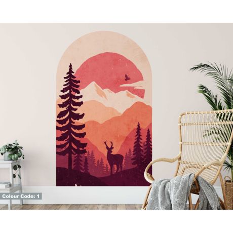 Beautiful Deer In The Forest With Mountain Arch Shape Wall Stickers