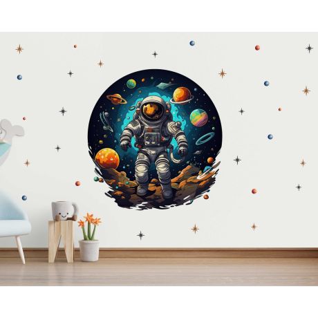 Astronaut Standing on Moon Colorful Space Wall Stickers for Baby Nursery Decor