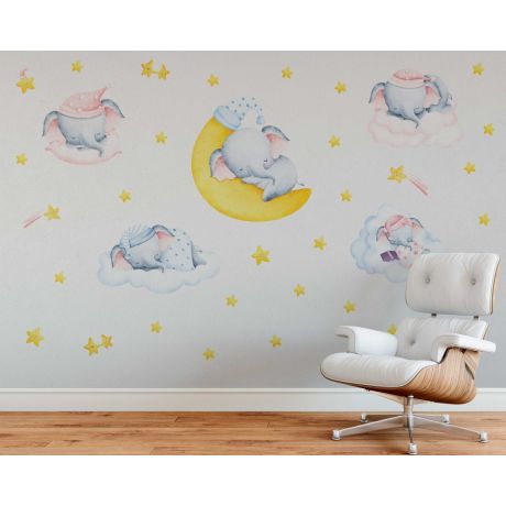 Sleeping Elephant On Moon Wall Stickers For Kids Room Decoration