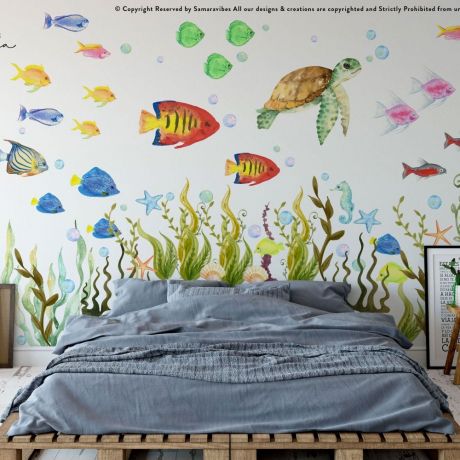 Coral Reef Fish Marine Vinyl Ocean Animals Wall Decal for Kids, Nursery Bathroom Decor Turtle, Watercolor, Peel and stick Wall Decal Sricker