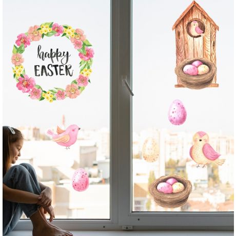 Watercolour Easter Window Decoration with Easter Eggs Window decor and Birdhouse with birds Window decor