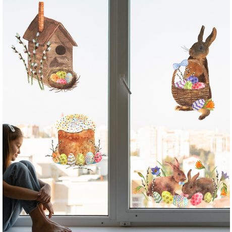 Easter Bunny with Eggs Window Stickers, Easter Eggs Window decor,Easter Window Decoration