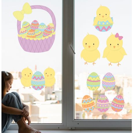 Easter Chicks with Eggs Window Stickers, Easter Eggs Window decor,Easter Chicks Window Decoration