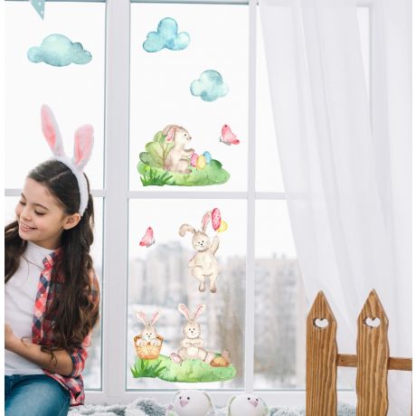 Watercolour Easter Window Stickers,Easter Bunny with Clouds Window decor,Easter Eggs Window Decoration