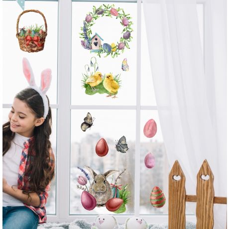 Easter Bunny Window Stickers, Easter Eggs Basket Window decor,Easter Bunny Window Decoration