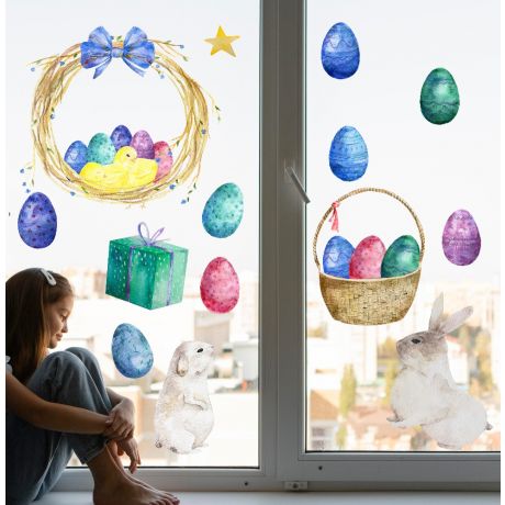 Watercolour Easter Window Decor Easter Eggs Window Stickers,Easter Bunny Window Decoration
