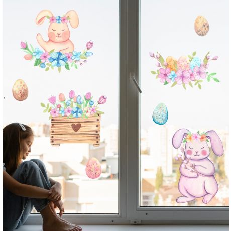 Watercolour Easter Window Stickers, Easter Eggs Window decor,Floral Bunny Window Decoration
