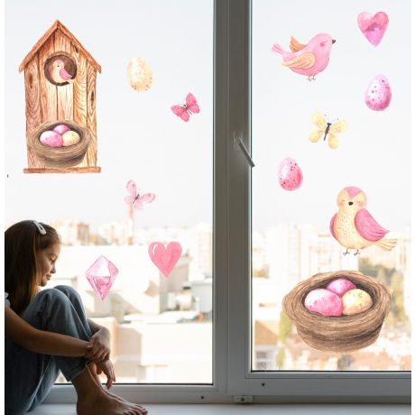 Watercolour Pink Easter Window Stickers, Easter Eggs Window decor,Easter Birds Window Decoration