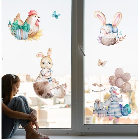 Watercolour Easter Window Stickers, Easter Eggs Window decor,Easter Bunny with Sheep Window Decoration