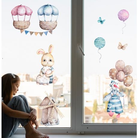 Watercolour Easter Parachute Window Stickers, Easter Eggs Window decor,Easter Bunny with Baloon Window Decoration