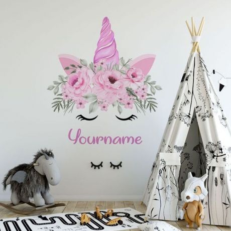 Custom Name Unicorn Horn wall sticker, unicorn wall decal, Flower room decor, Girls Bedroom Decor Unicorn Sticker