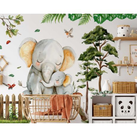 Cute Mom and Baby Elephant Cartoon Stock Animal Vinyl Wall Stickers for Nursery Decor