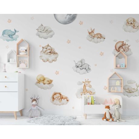 Cute Safari Animals Sleeping on Clouds Cartoon Wall Stickers for Nursery Decor