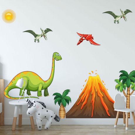 Dinosaur Wall Decal with Volcano for Kids Room Jurassic Park