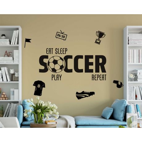 Eat Sleep Soccer Play Repeat Sports Wall Sticker For Boy Room Decor