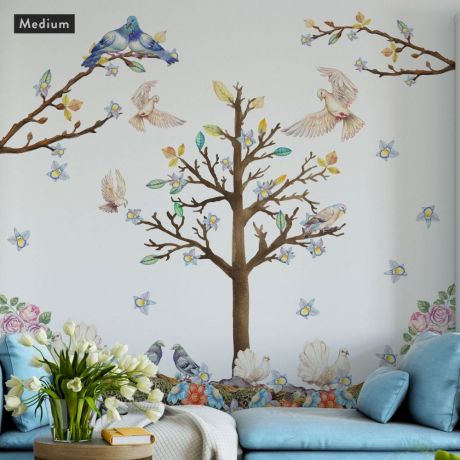 Floral Bedroom Wall Stickers, Birds Flowers Leaves Wall Decals Bedroom Decoration, Kids Room Decor, Home Decor, Nursery Girls Room Vinyl