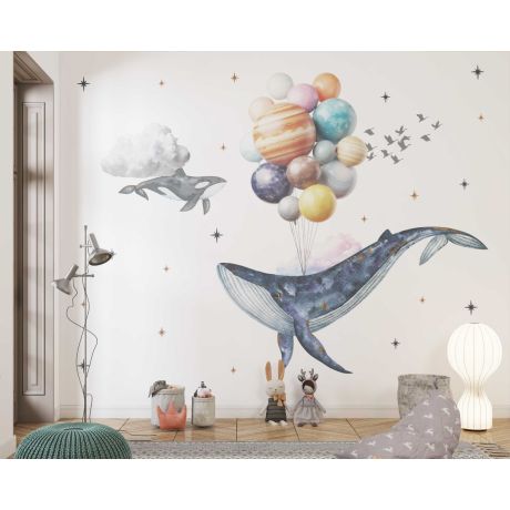 Flying Whales with Planets Balloon Wall Stickers for Nursery Decor