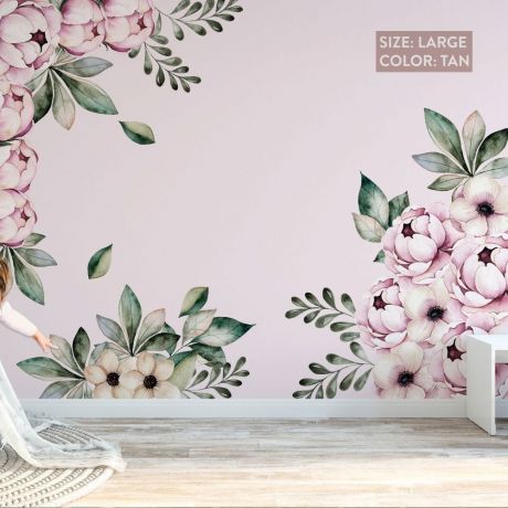 Peonies Pink Flowers, Girls Room Peony Floral Wall Decal, Home Decor Bedroom, Kids Bedroom, Watercolour Flowers Wall Sticker Peel & Stick