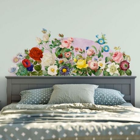 Half Circle Headboard with Flowers Peony Rose Wall Stickers, Nursery Kids Room Wall Decal Roses with Leaves, Vinyl Sticker, Home Decoration