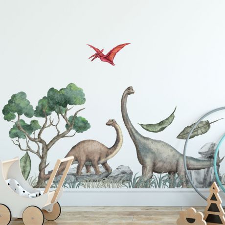 Nursery Kids Room Dinosaur Scenery Wall Stickers, Kids Room Decoration, Children Dino Jurassic Park Wall Decal, Dino Watercolour Vinyl Mural