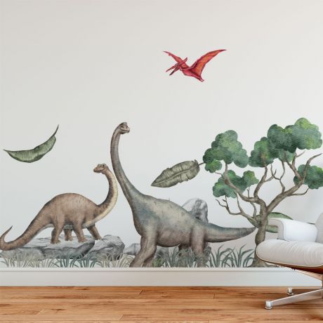 Nursery Kids Room Dinosaur Scenery Wall Stickers, Kids Room Decoration, Children Dino Jurassic Park Wall Decal, Dino Watercolour Vinyl Mural