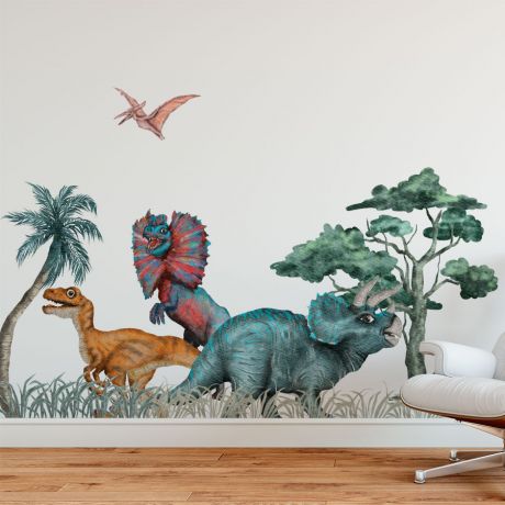 Nursery Kids Room Dinosaur Scenery Wall Stickers, Kids Room Decoration, Children Dino Jurassic Park Wall Decal, Dino Watercolour Vinyl Mural