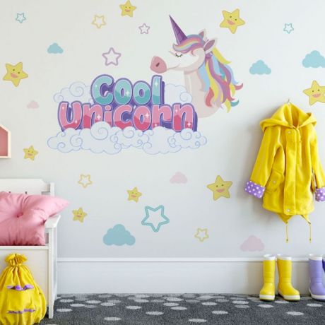 Kids Room Cool Unicorn Horn Wall Stickers with Stars & Clouds, Unicorn Rainbow Wall Decal, Kids Fantasy Girls Bedroom, Wall Art Cute Nursery