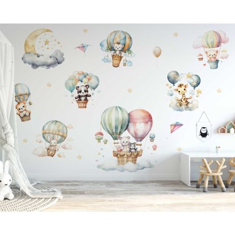Best Beautiful Cartoon Animal Flying with Hot Air Balloon Stickers for Nursery Decor