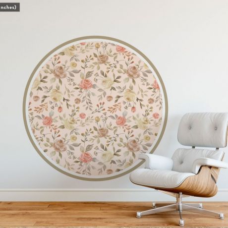 Nursery Room Decor, Floral Flowers Wall Stickers, Floral Wall Decal Roses with Leaves, Circle Flowers Vinyl Sticker, Kids Room Vinyl Decor